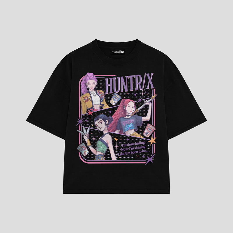 Playera streetwear premium de anime y gaming ExtraLife MX, corte boxy oversized drop shoulder heavyweight en color Deep Black y Off-White, moda urbana mexicana de culto.