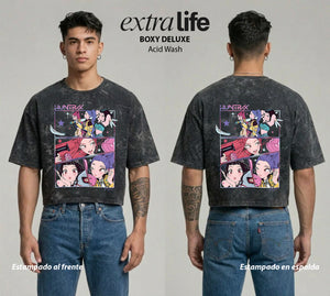Playera streetwear premium de anime y gaming ExtraLife MX, corte boxy deluxe mineral wash heavyweight en color Acid Wash, moda urbana mexicana de culto.