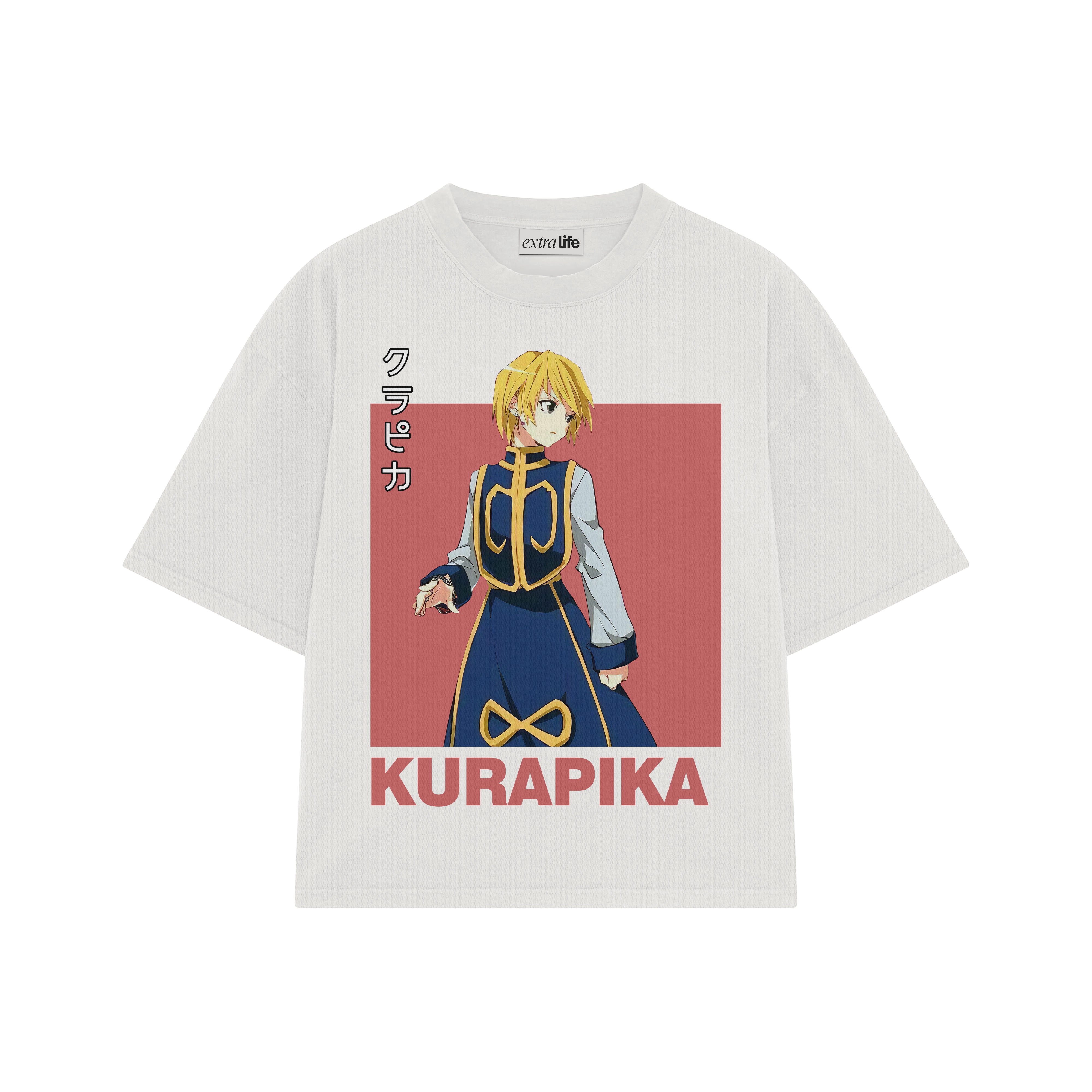 Playera streetwear premium de anime y gaming ExtraLife MX, corte boxy oversized drop shoulder heavyweight en color Deep Black y Off-White, moda urbana mexicana de culto.