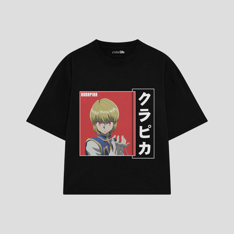 Playera streetwear premium de anime y gaming ExtraLife MX, corte boxy oversized drop shoulder heavyweight en color Deep Black y Off-White, moda urbana mexicana de culto.