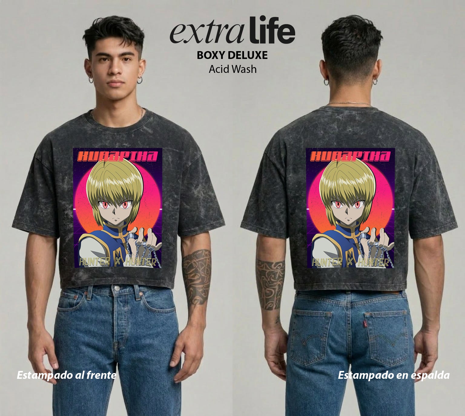 Playera streetwear premium de anime y gaming ExtraLife MX, corte boxy deluxe mineral wash heavyweight en color Acid Wash, moda urbana mexicana de culto.