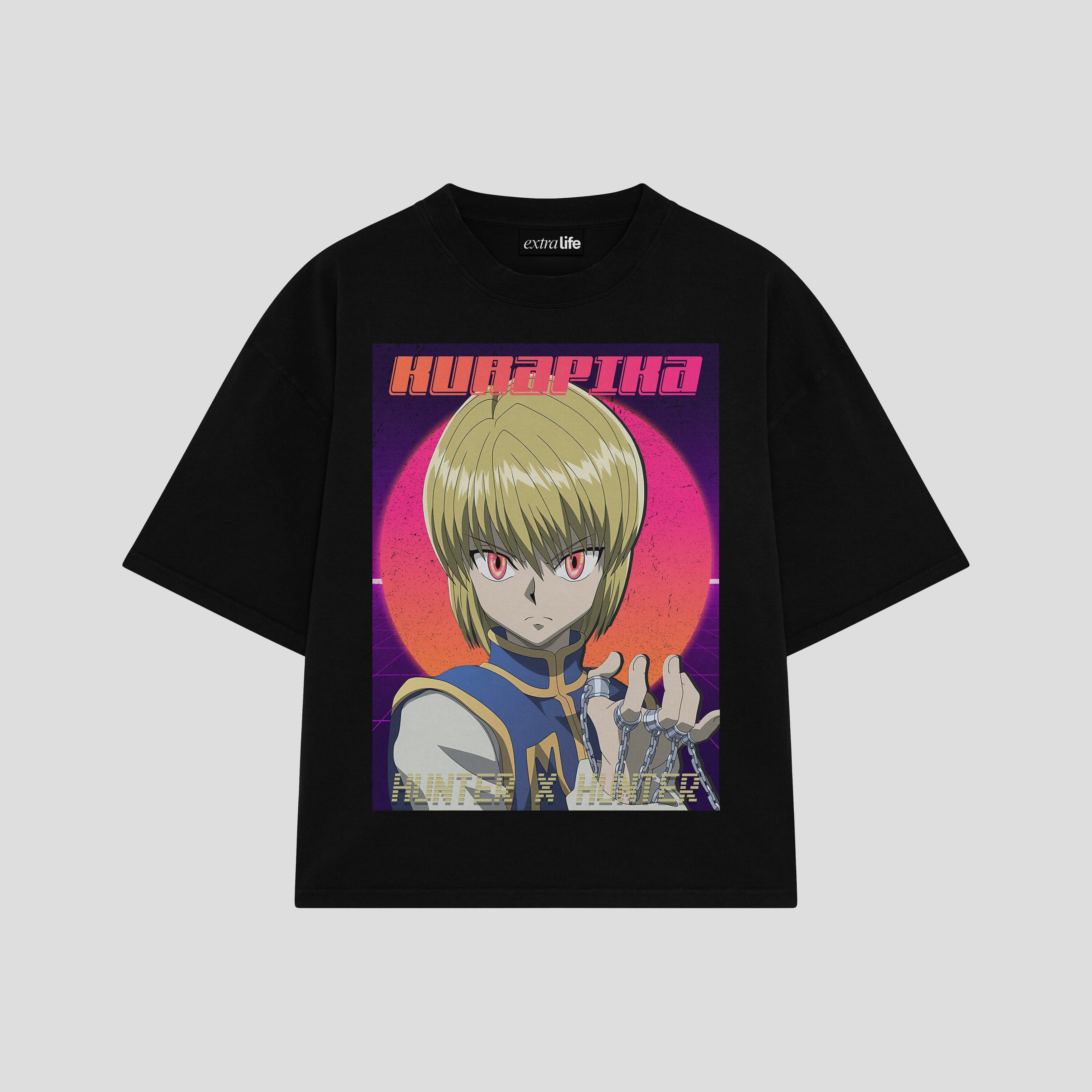 Playera streetwear premium de anime y gaming ExtraLife MX, corte boxy oversized drop shoulder heavyweight en color Deep Black y Off-White, moda urbana mexicana de culto.