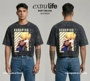 Playera streetwear premium de anime y gaming ExtraLife MX, corte boxy deluxe mineral wash heavyweight en color Acid Wash, moda urbana mexicana de culto.