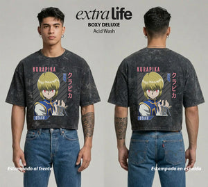 Playera streetwear premium de anime y gaming ExtraLife MX, corte boxy deluxe mineral wash heavyweight en color Acid Wash, moda urbana mexicana de culto.