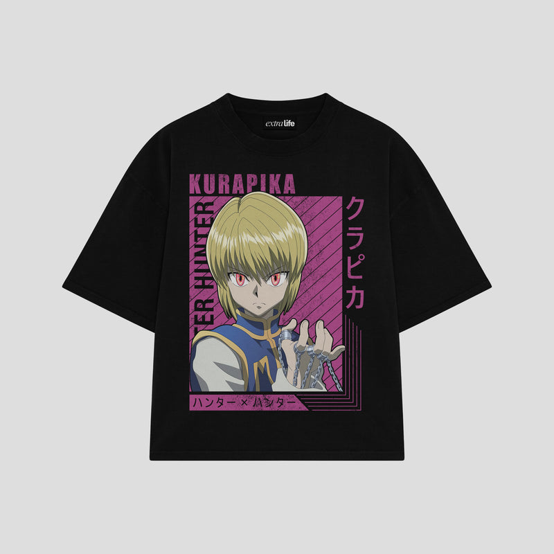 Playera streetwear premium de anime y gaming ExtraLife MX, corte boxy oversized drop shoulder heavyweight en color Deep Black y Off-White, moda urbana mexicana de culto.