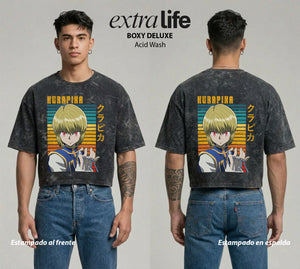 Playera streetwear premium de anime y gaming ExtraLife MX, corte boxy deluxe mineral wash heavyweight en color Acid Wash, moda urbana mexicana de culto.