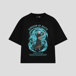 Playera streetwear premium de anime y gaming ExtraLife MX, corte boxy oversized drop shoulder heavyweight en color Deep Black y Off-White, moda urbana mexicana de culto.