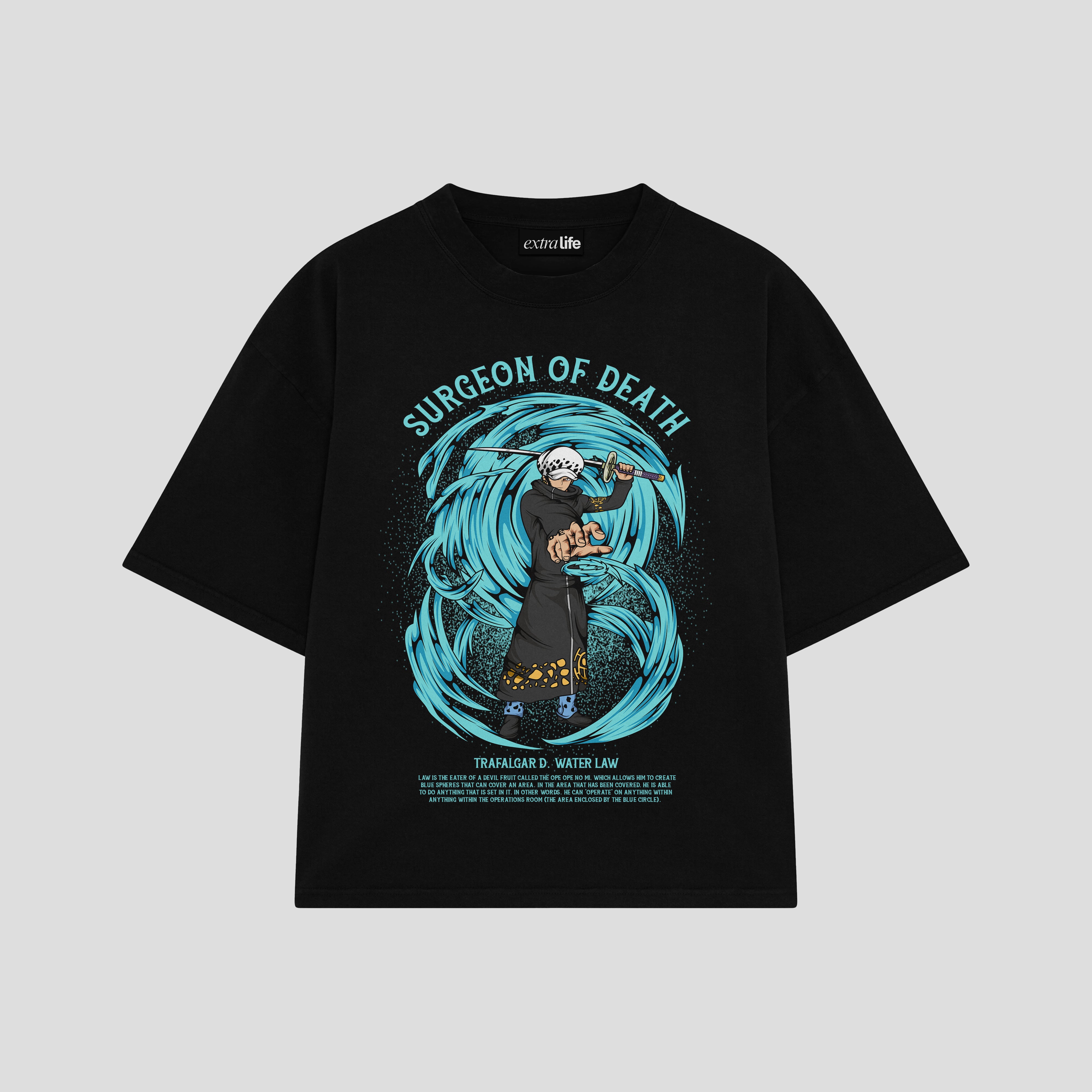 Playera streetwear premium de anime y gaming ExtraLife MX, corte boxy oversized drop shoulder heavyweight en color Deep Black y Off-White, moda urbana mexicana de culto.
