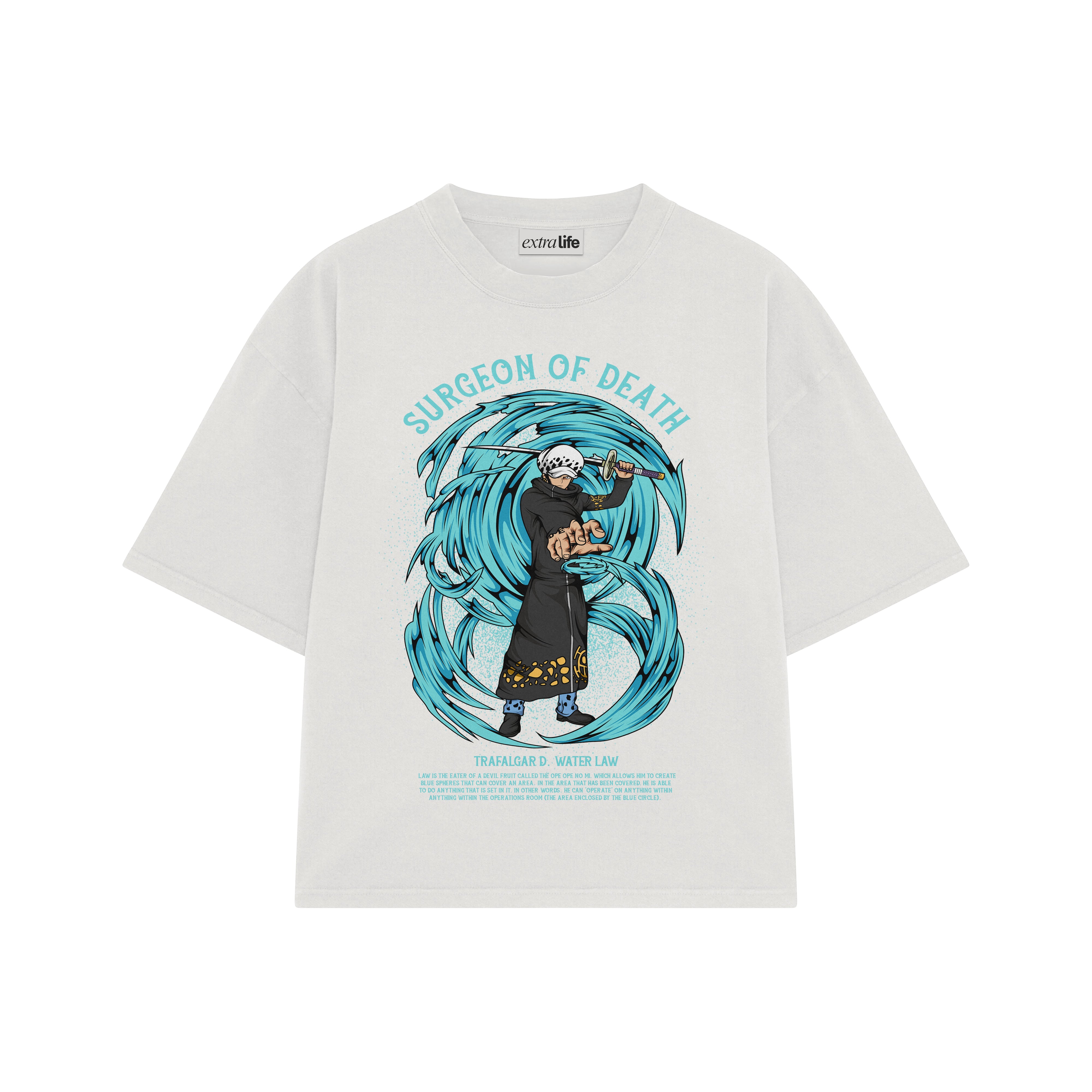 Playera streetwear premium de anime y gaming ExtraLife MX, corte boxy oversized drop shoulder heavyweight en color Deep Black y Off-White, moda urbana mexicana de culto.