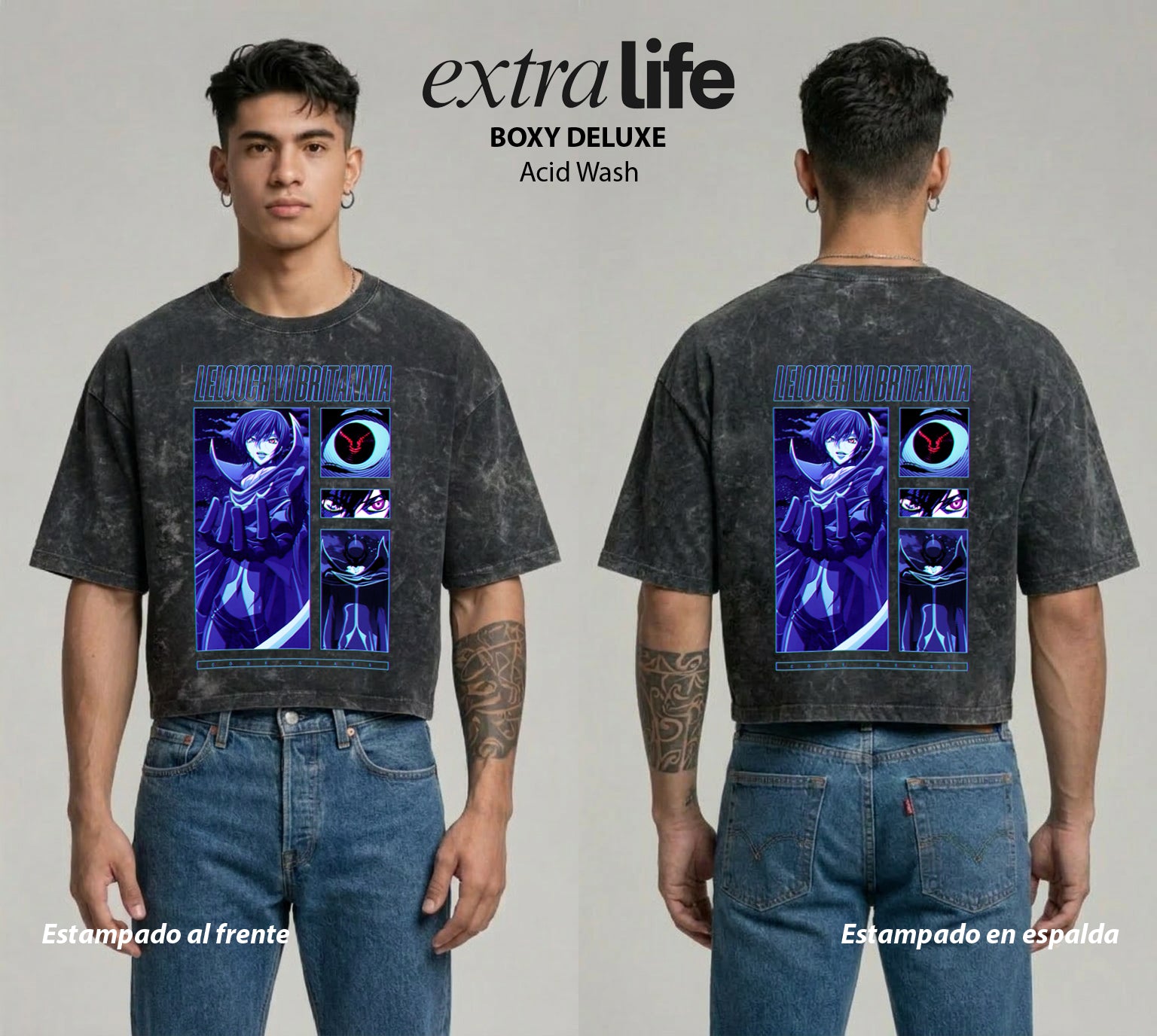 Playera streetwear premium de anime y gaming ExtraLife MX, corte boxy deluxe mineral wash heavyweight en color Acid Wash, moda urbana mexicana de culto.