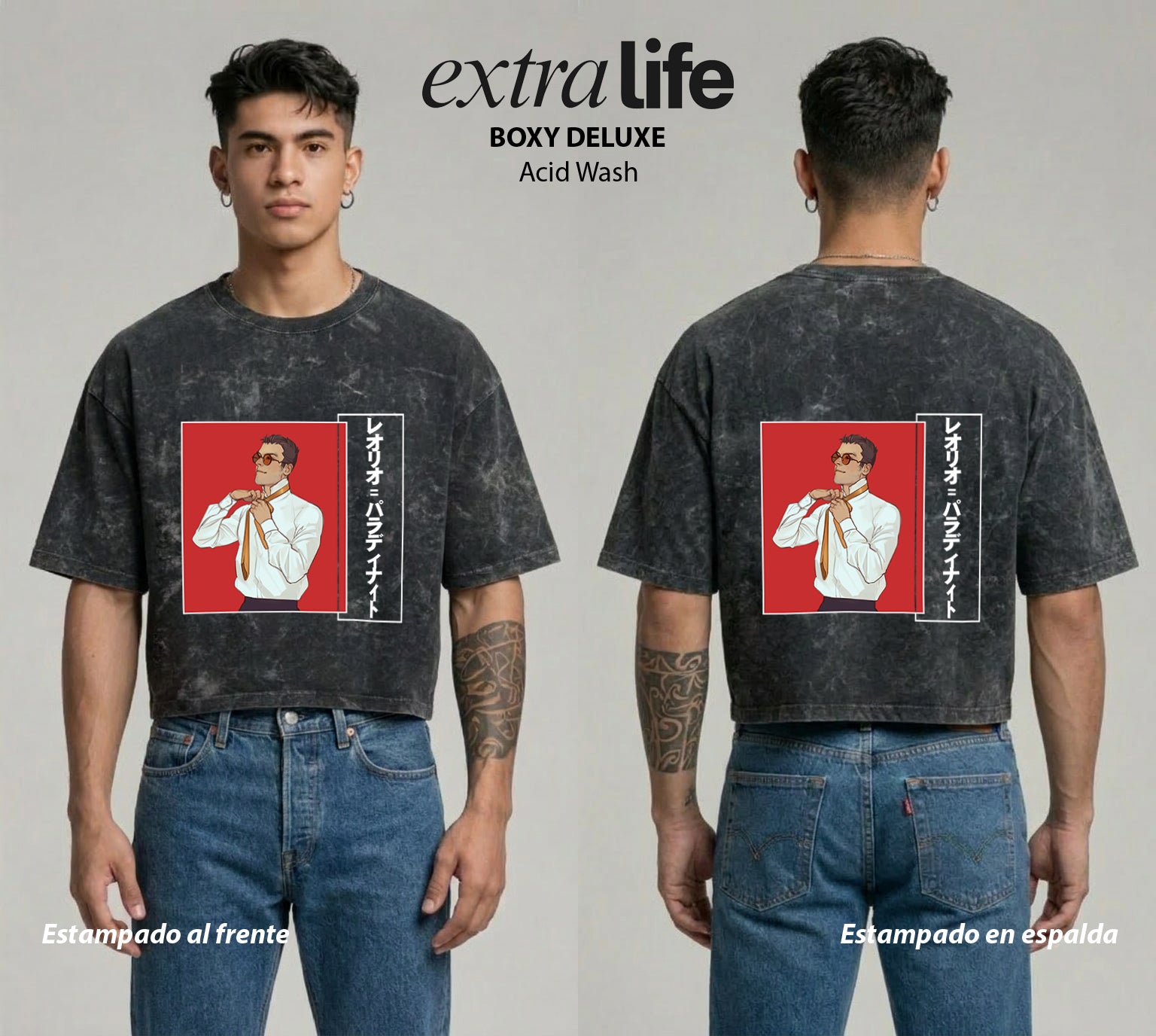 Playera streetwear premium de anime y gaming ExtraLife MX, corte boxy deluxe mineral wash heavyweight en color Acid Wash, moda urbana mexicana de culto.