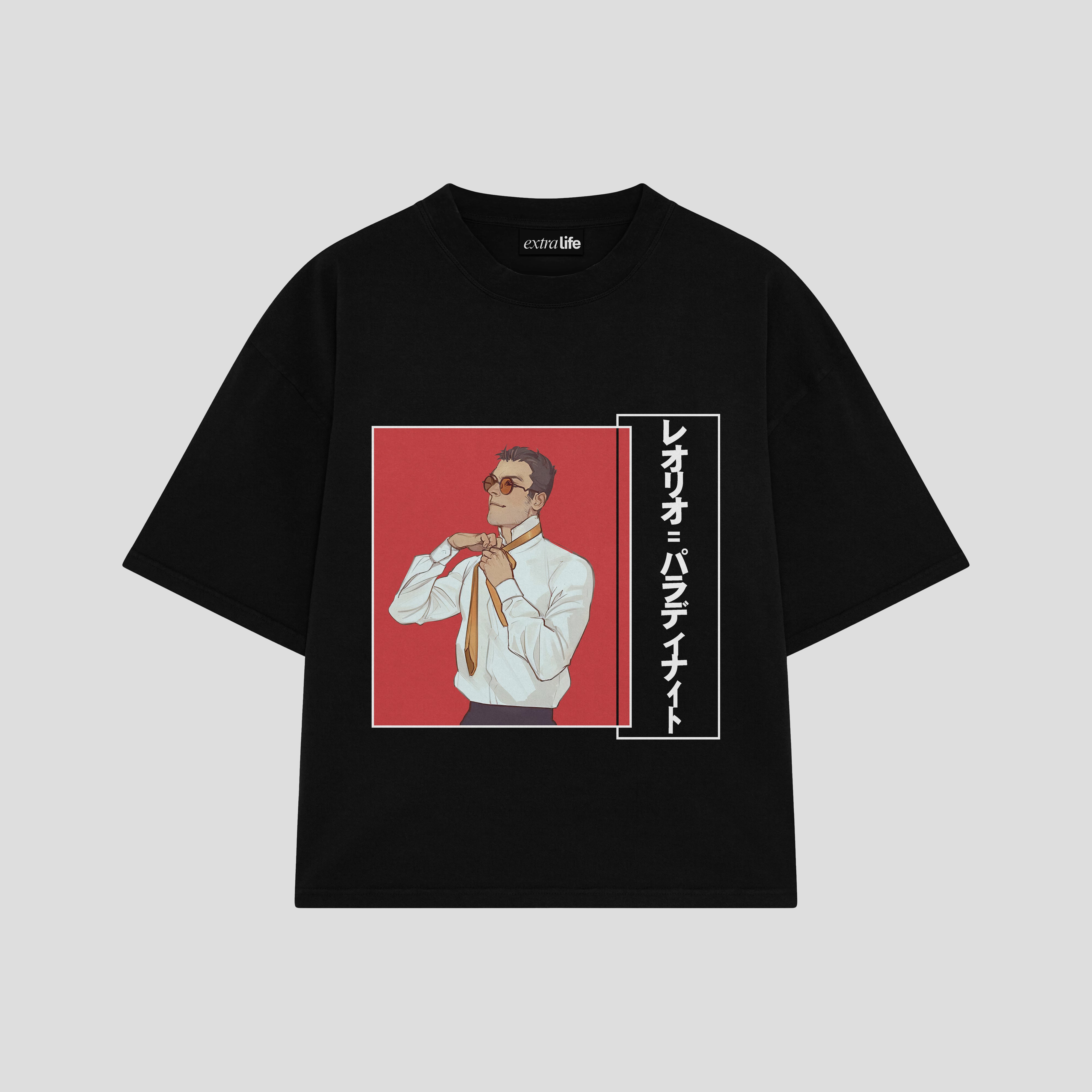 Playera streetwear premium de anime y gaming ExtraLife MX, corte boxy oversized drop shoulder heavyweight en color Deep Black y Off-White, moda urbana mexicana de culto.