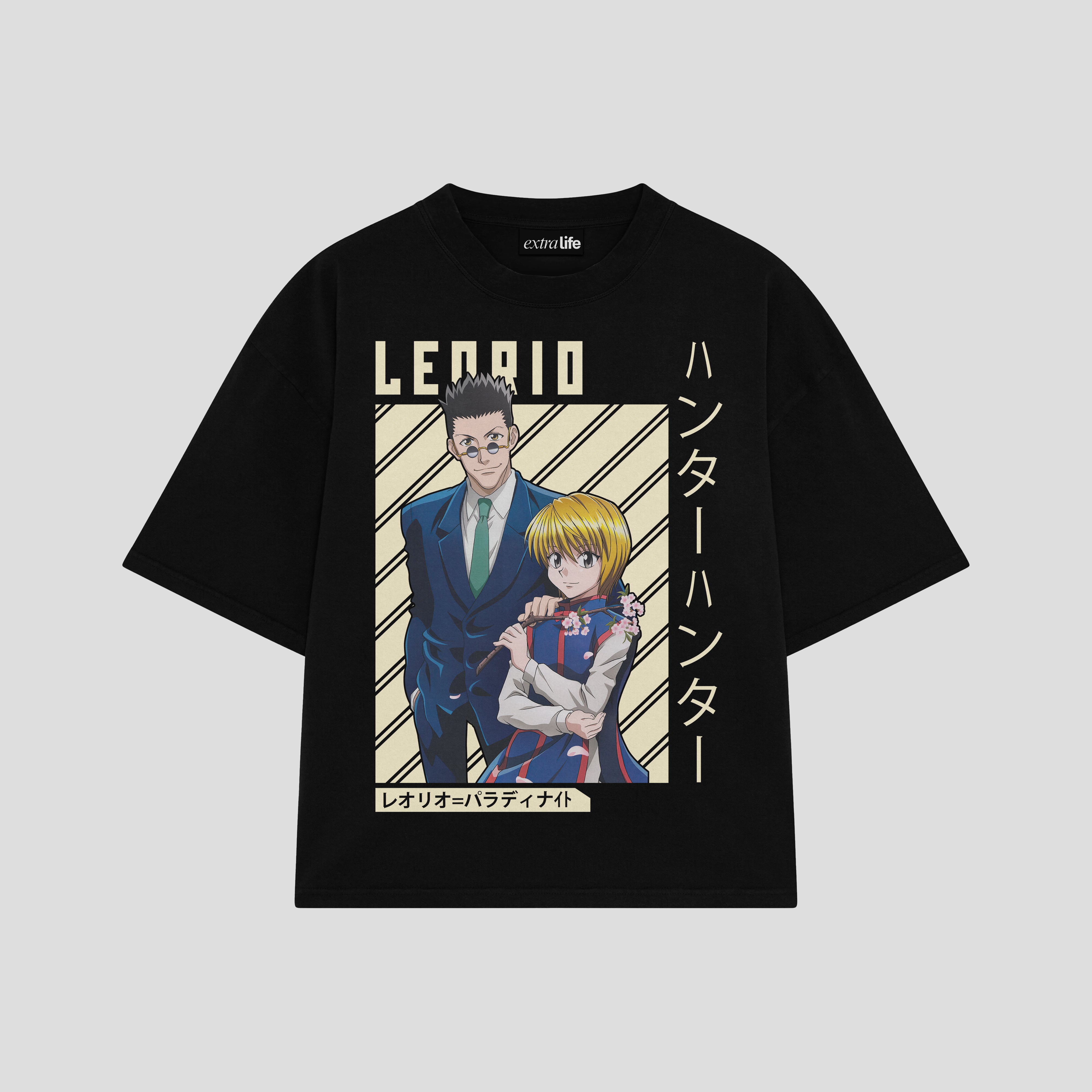Playera streetwear premium de anime y gaming ExtraLife MX, corte boxy oversized drop shoulder heavyweight en color Deep Black y Off-White, moda urbana mexicana de culto.