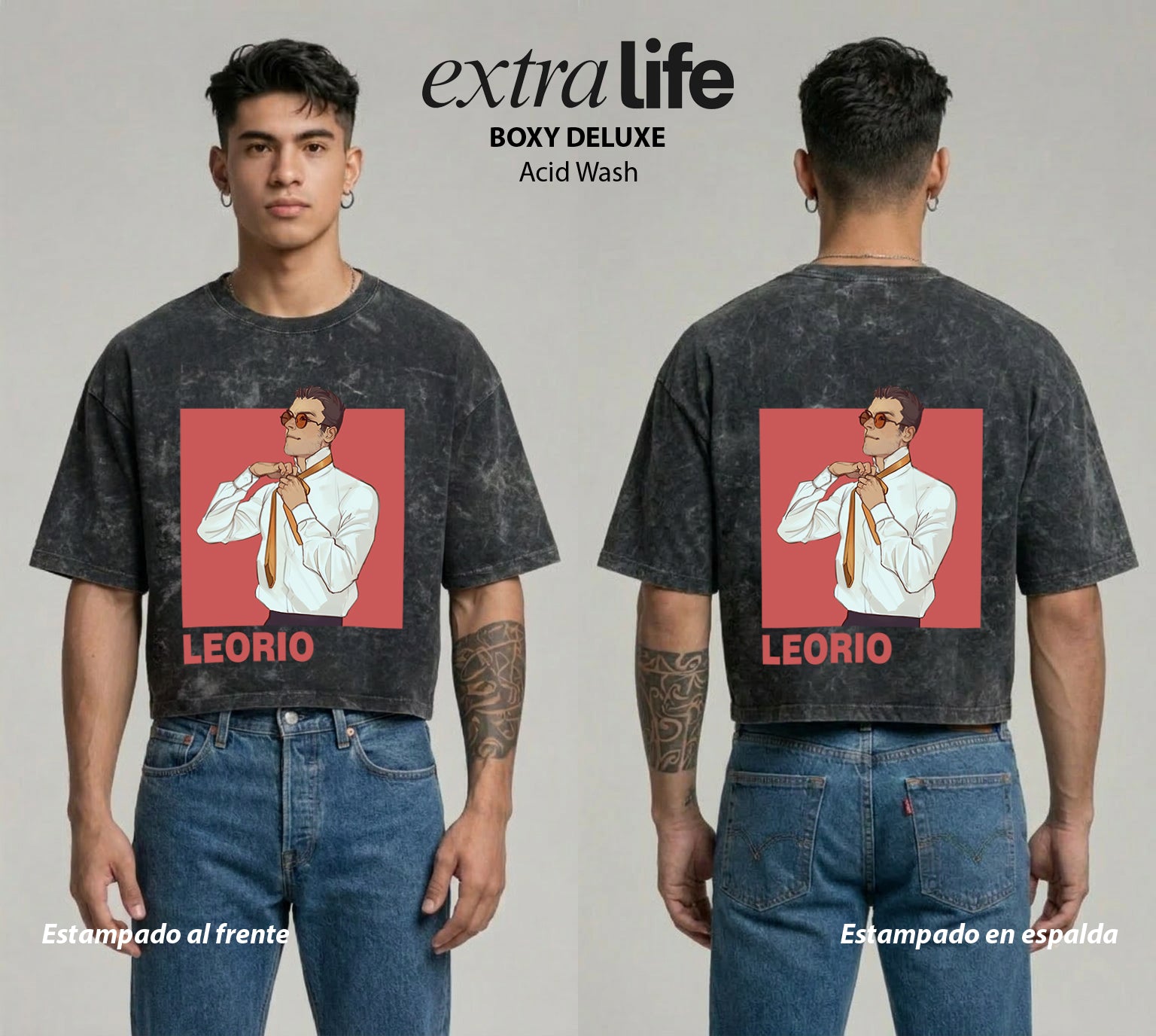 Playera streetwear premium de anime y gaming ExtraLife MX, corte boxy deluxe mineral wash heavyweight en color Acid Wash, moda urbana mexicana de culto.