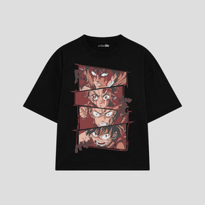 Playera streetwear premium de anime y gaming ExtraLife MX, corte boxy oversized drop shoulder heavyweight en color Deep Black y Off-White, moda urbana mexicana de culto.