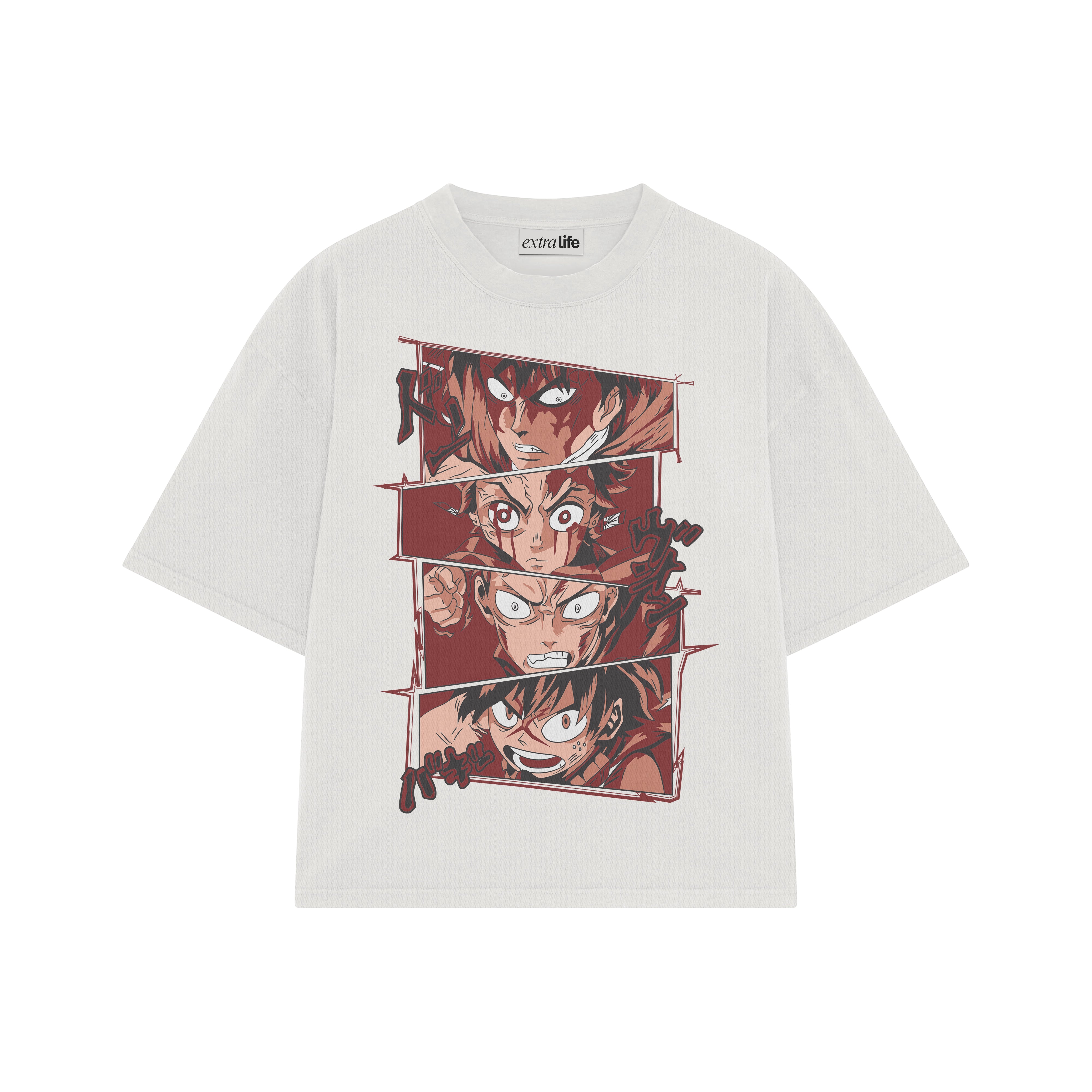 Playera streetwear premium de anime y gaming ExtraLife MX, corte boxy oversized drop shoulder heavyweight en color Deep Black y Off-White, moda urbana mexicana de culto.