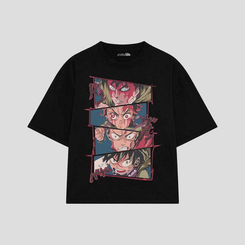 Playera streetwear premium de anime y gaming ExtraLife MX, corte boxy oversized drop shoulder heavyweight en color Deep Black y Off-White, moda urbana mexicana de culto.