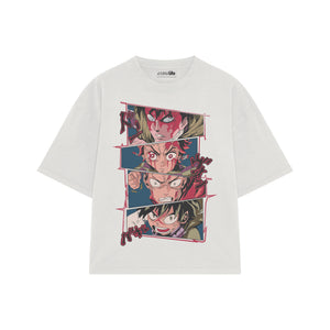 Playera streetwear premium de anime y gaming ExtraLife MX, corte boxy oversized drop shoulder heavyweight en color Deep Black y Off-White, moda urbana mexicana de culto.