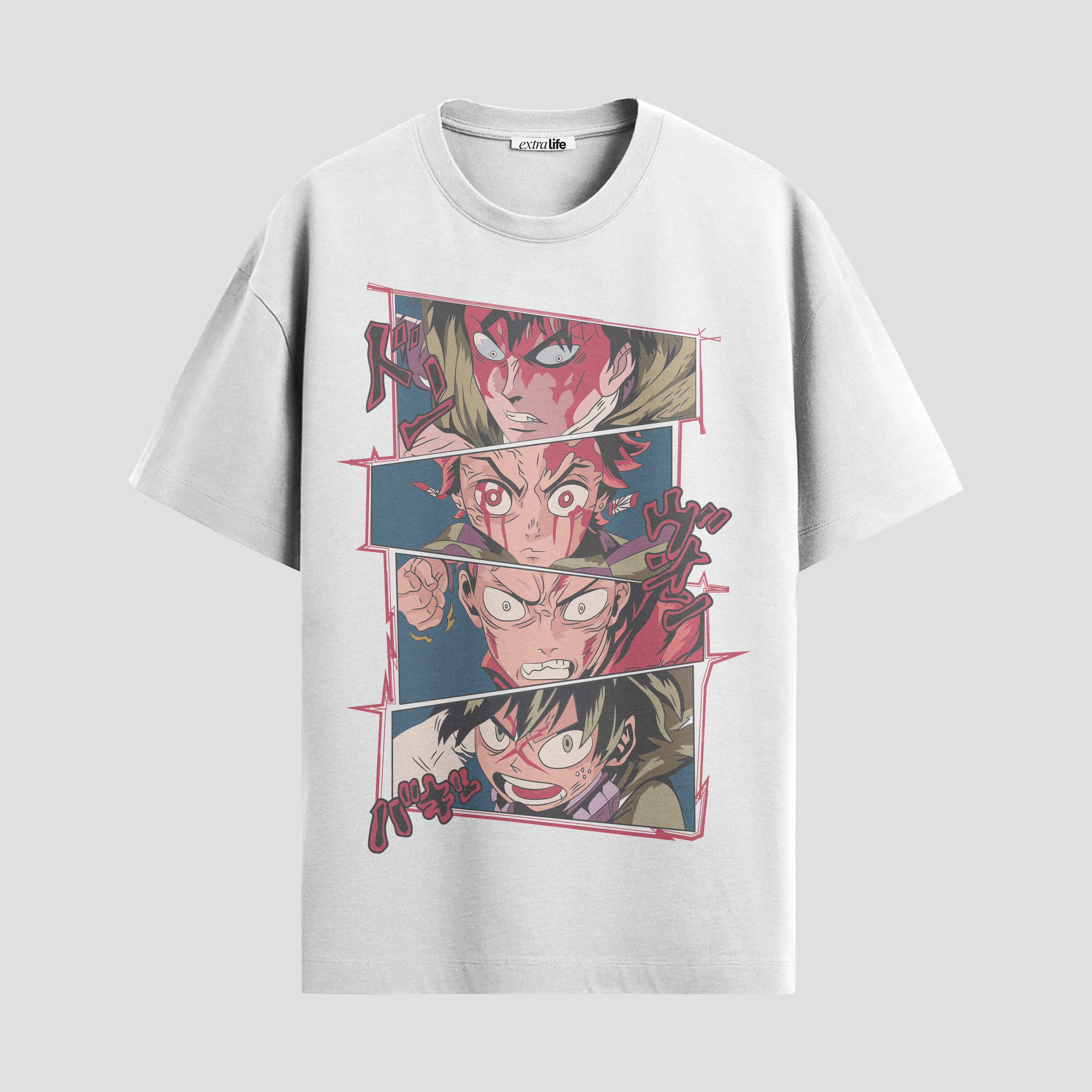 Playera urbana de anime y gaming ExtraLife MX, corte Standard Fit unisex ligero y transpirable en color Deep Black y Pure White, ropa de uso diario para gym y casual.