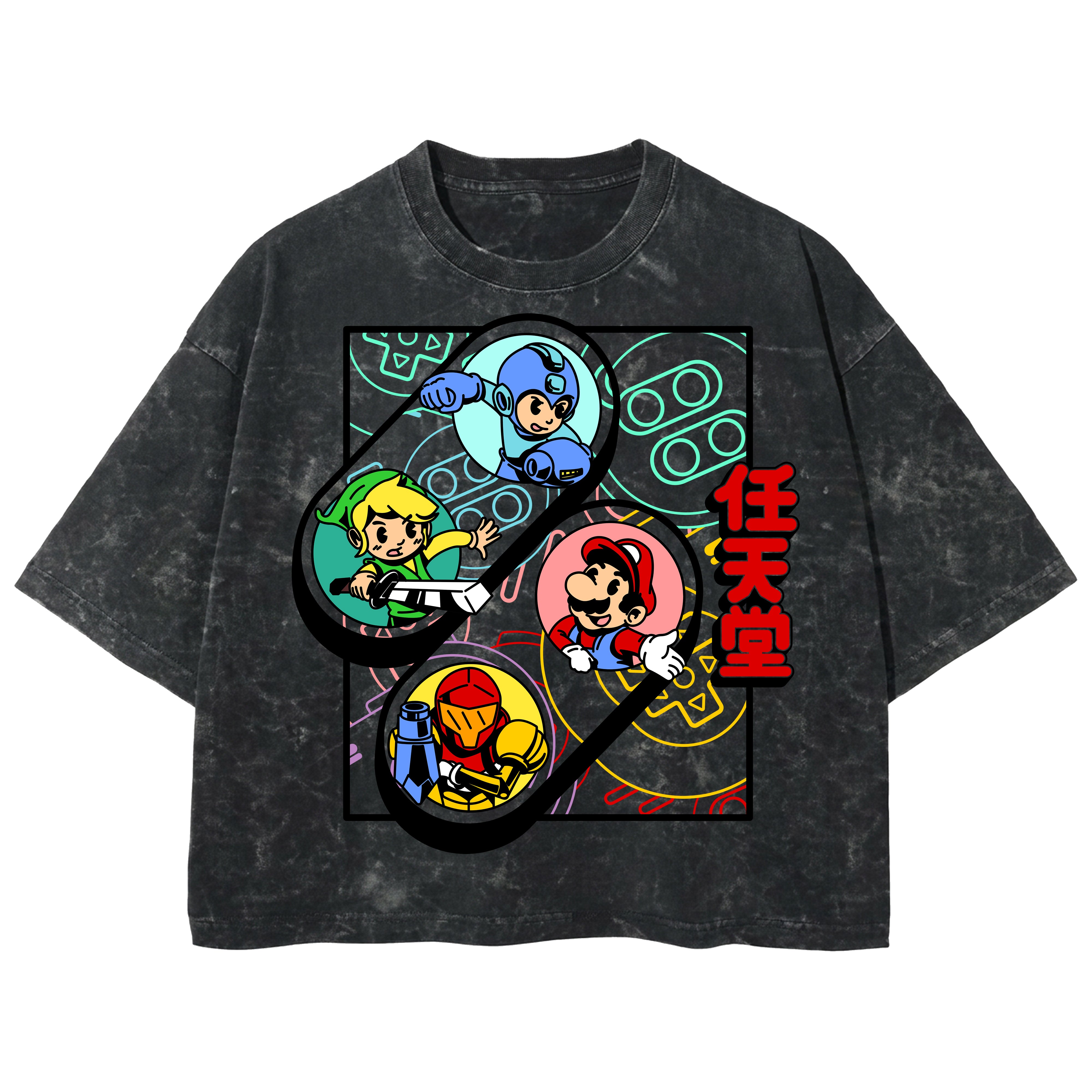 Playera streetwear premium de anime y gaming ExtraLife MX, corte boxy deluxe mineral wash heavyweight en color Acid Wash, moda urbana mexicana de culto.