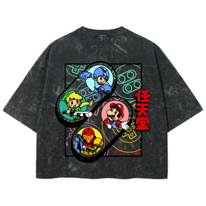 Playera streetwear premium de anime y gaming ExtraLife MX, corte boxy deluxe mineral wash heavyweight en color Acid Wash, moda urbana mexicana de culto.