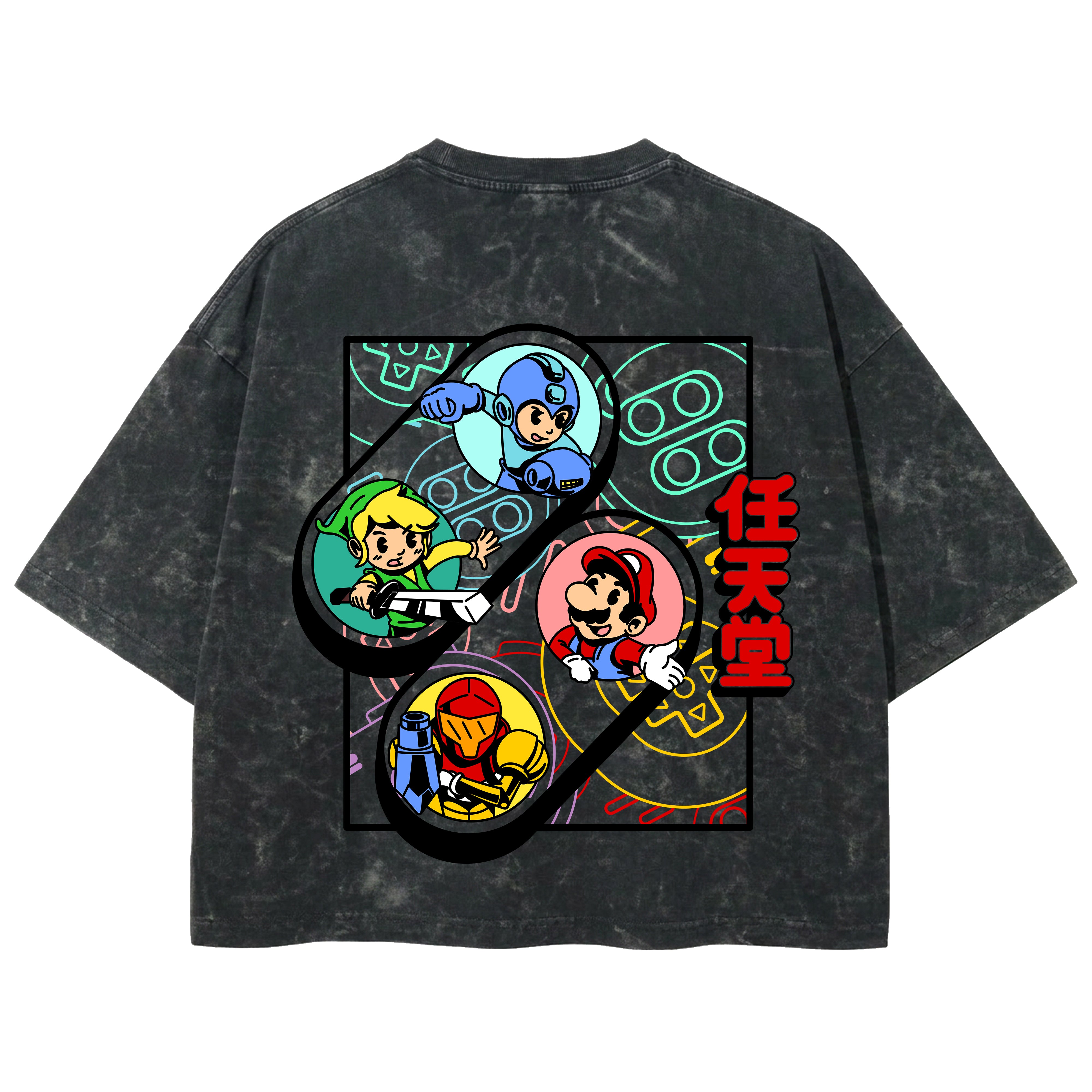 Playera streetwear premium de anime y gaming ExtraLife MX, corte boxy deluxe mineral wash heavyweight en color Acid Wash, moda urbana mexicana de culto.