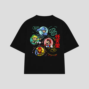 Playera streetwear premium de anime y gaming ExtraLife MX, corte boxy oversized drop shoulder heavyweight en color Deep Black y Off-White, moda urbana mexicana de culto.