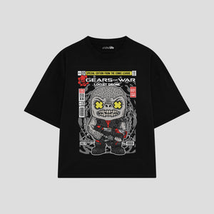 Playera streetwear premium de anime y gaming ExtraLife MX, corte boxy oversized drop shoulder heavyweight en color Deep Black y Off-White, moda urbana mexicana de culto.