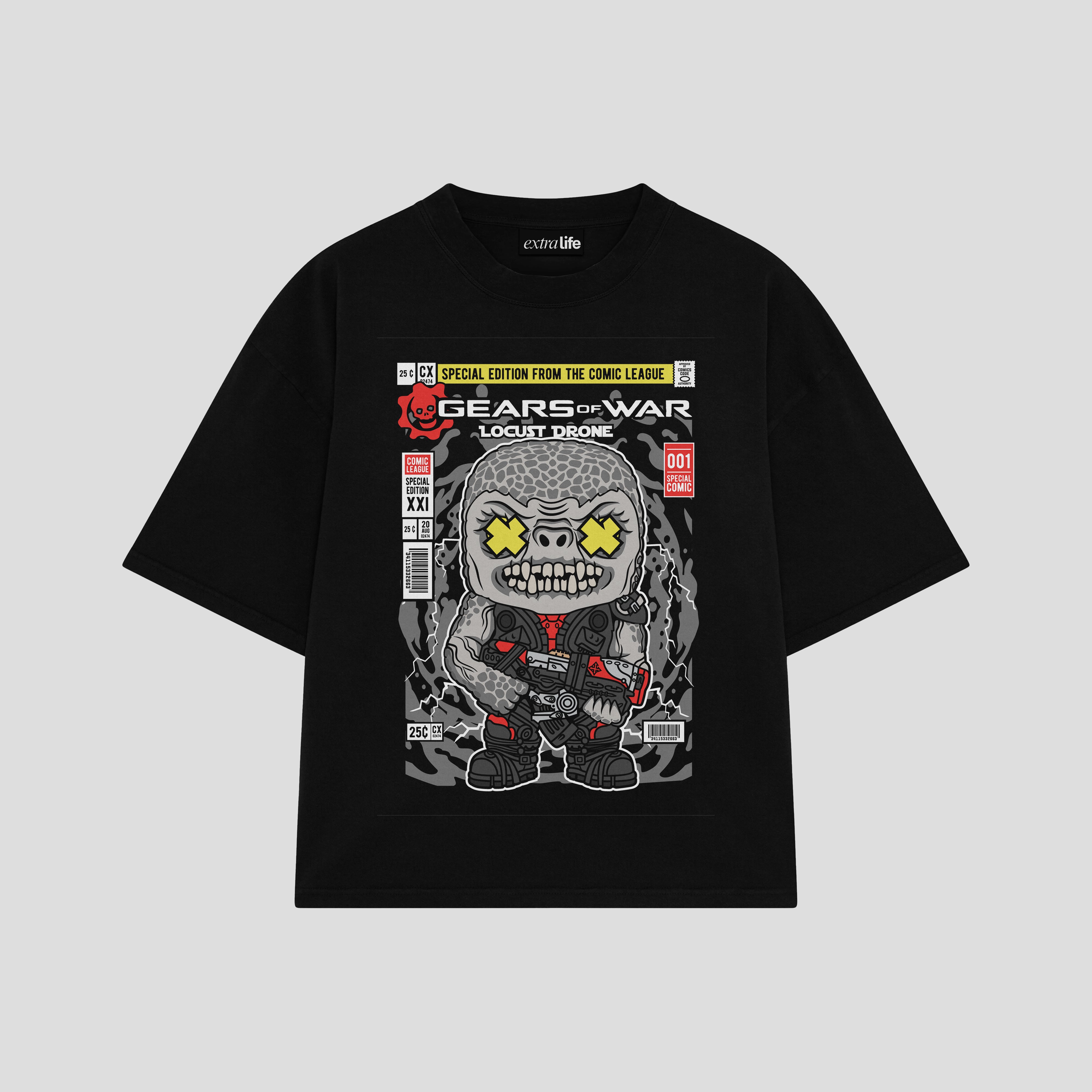Playera streetwear premium de anime y gaming ExtraLife MX, corte boxy oversized drop shoulder heavyweight en color Deep Black y Off-White, moda urbana mexicana de culto.