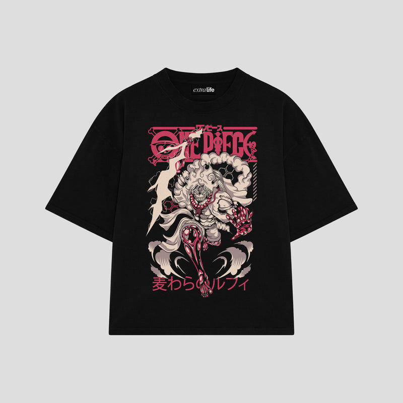 Playera streetwear premium de anime y gaming ExtraLife MX, corte boxy oversized drop shoulder heavyweight en color Deep Black y Off-White, moda urbana mexicana de culto.