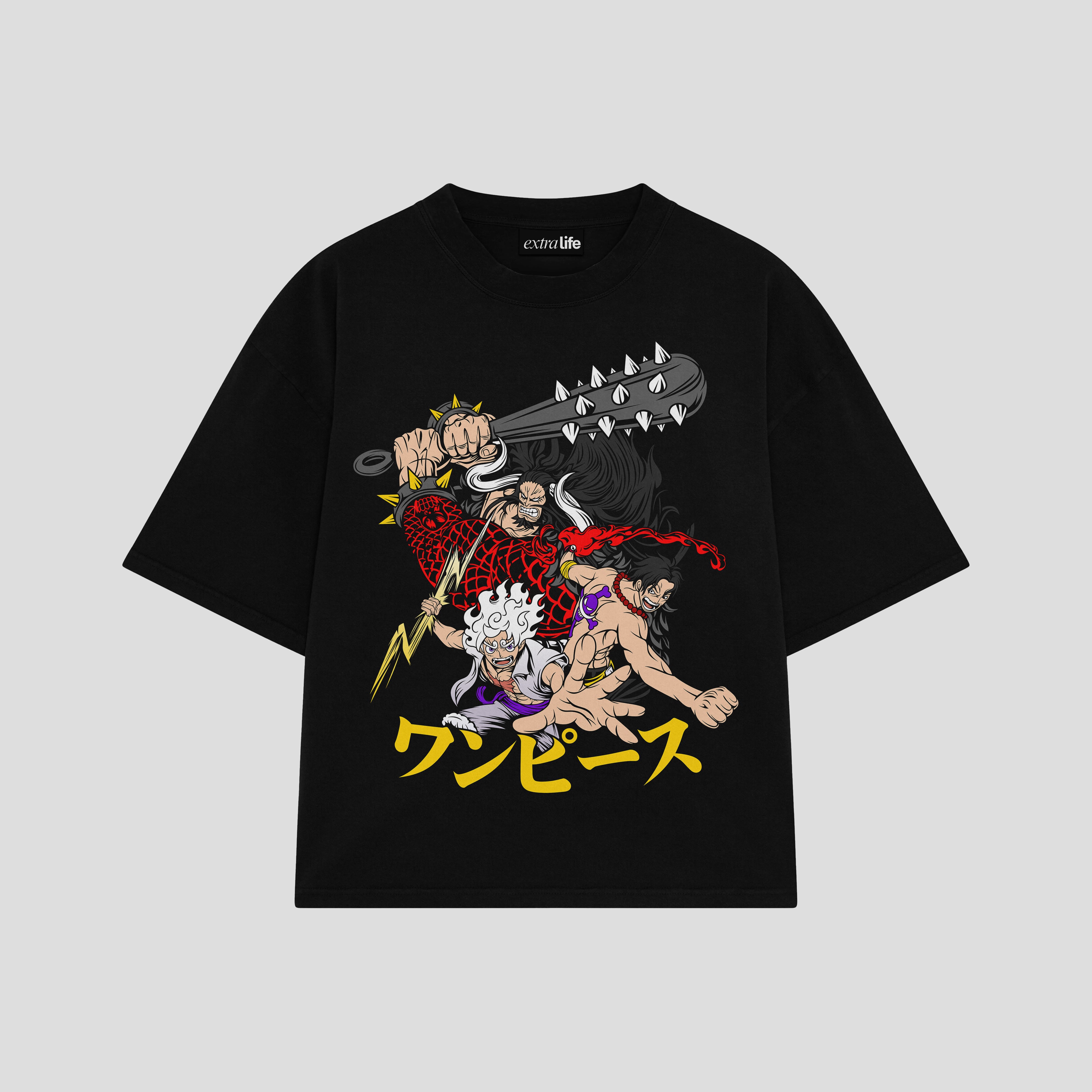 Playera streetwear premium de anime y gaming ExtraLife MX, corte boxy oversized drop shoulder heavyweight en color Deep Black y Off-White, moda urbana mexicana de culto.