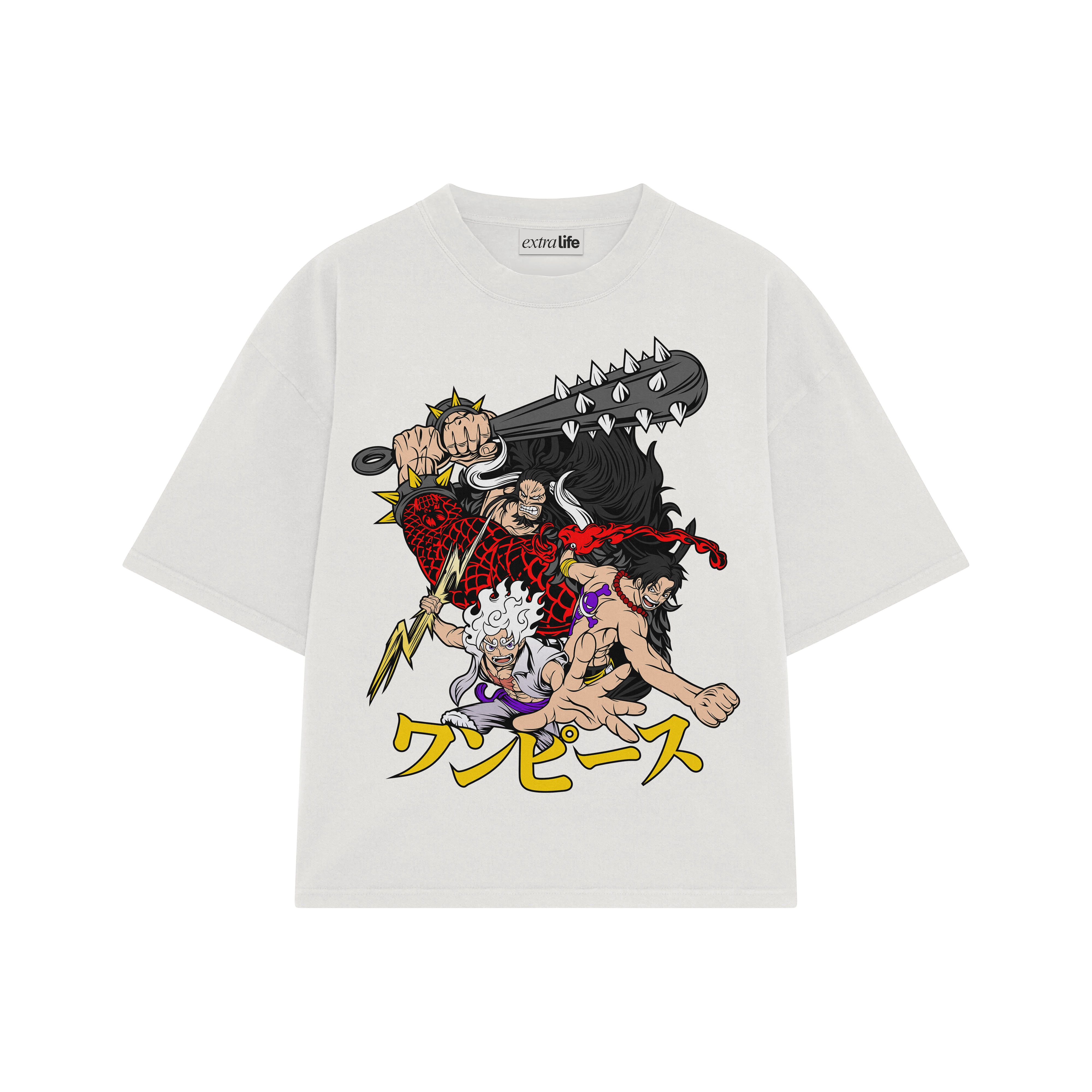 Playera streetwear premium de anime y gaming ExtraLife MX, corte boxy oversized drop shoulder heavyweight en color Deep Black y Off-White, moda urbana mexicana de culto.