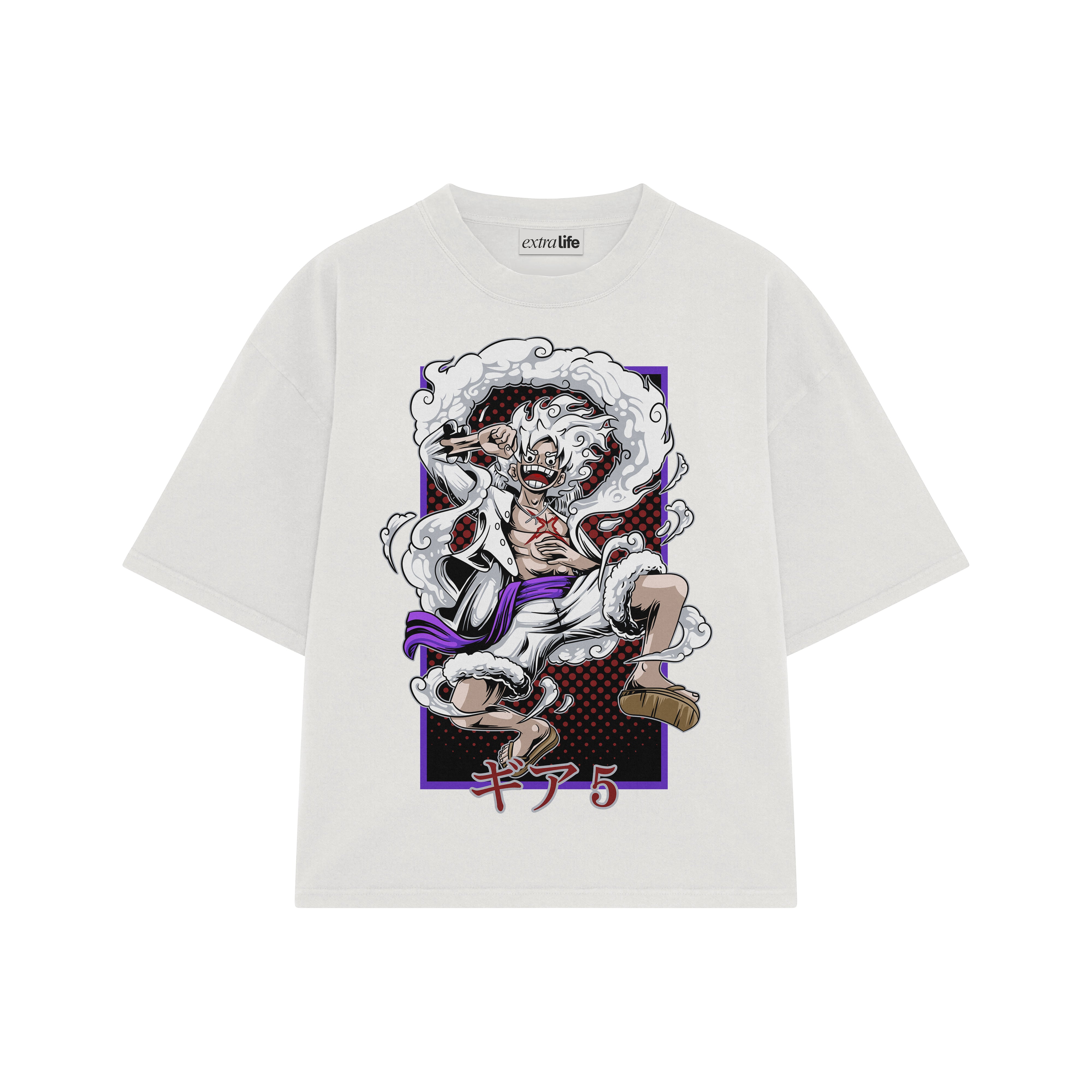 Playera streetwear premium de anime y gaming ExtraLife MX, corte boxy oversized drop shoulder heavyweight en color Deep Black y Off-White, moda urbana mexicana de culto.