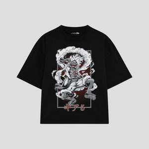 Playera streetwear premium de anime y gaming ExtraLife MX, corte boxy oversized drop shoulder heavyweight en color Deep Black y Off-White, moda urbana mexicana de culto.