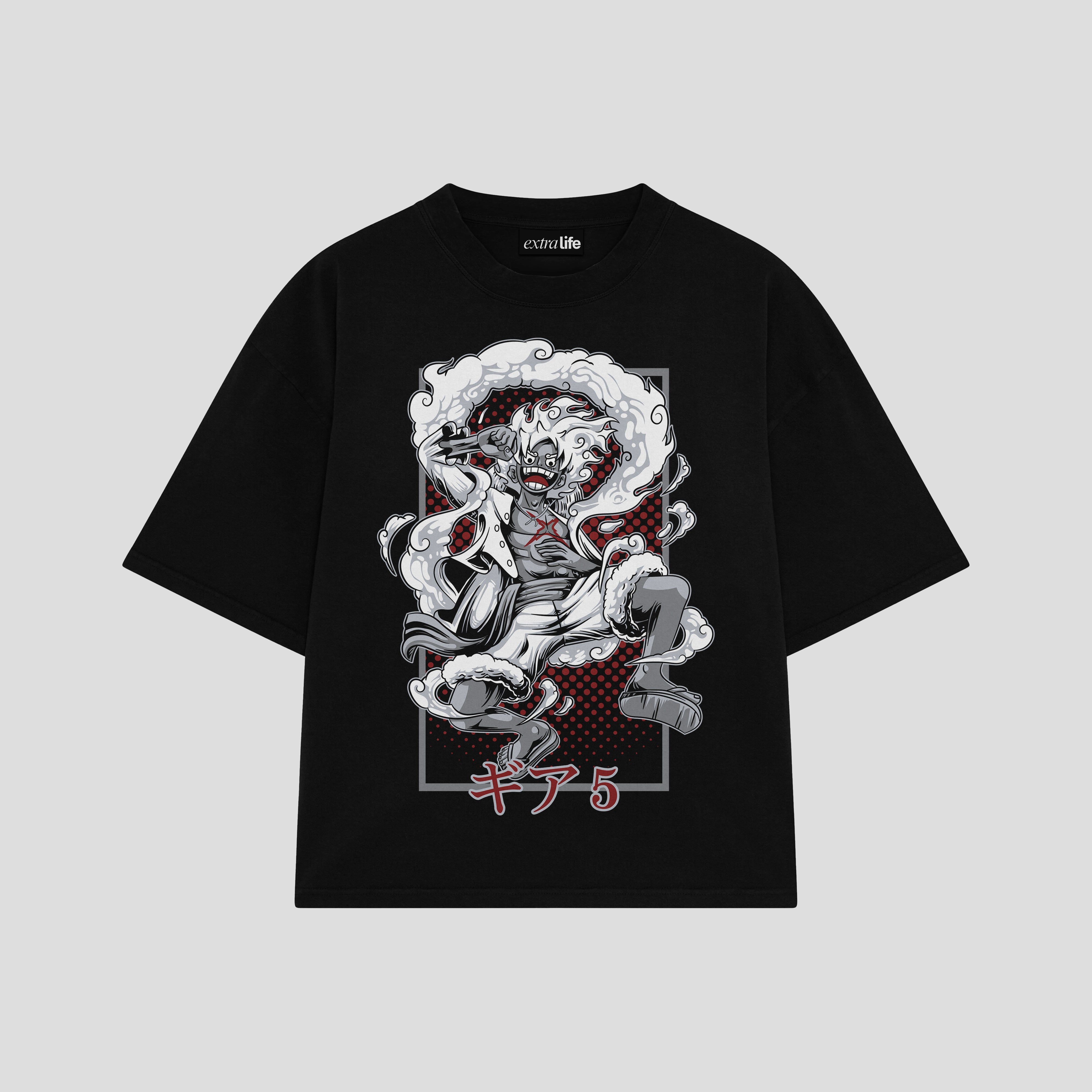 Playera streetwear premium de anime y gaming ExtraLife MX, corte boxy oversized drop shoulder heavyweight en color Deep Black y Off-White, moda urbana mexicana de culto.
