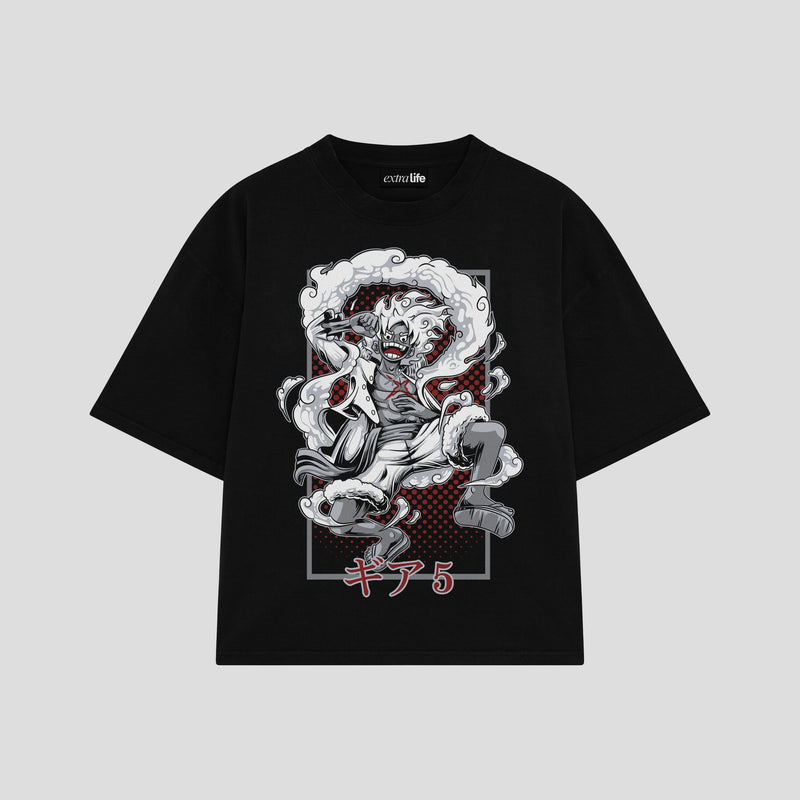 Playera streetwear premium de anime y gaming ExtraLife MX, corte boxy oversized drop shoulder heavyweight en color Deep Black y Off-White, moda urbana mexicana de culto.