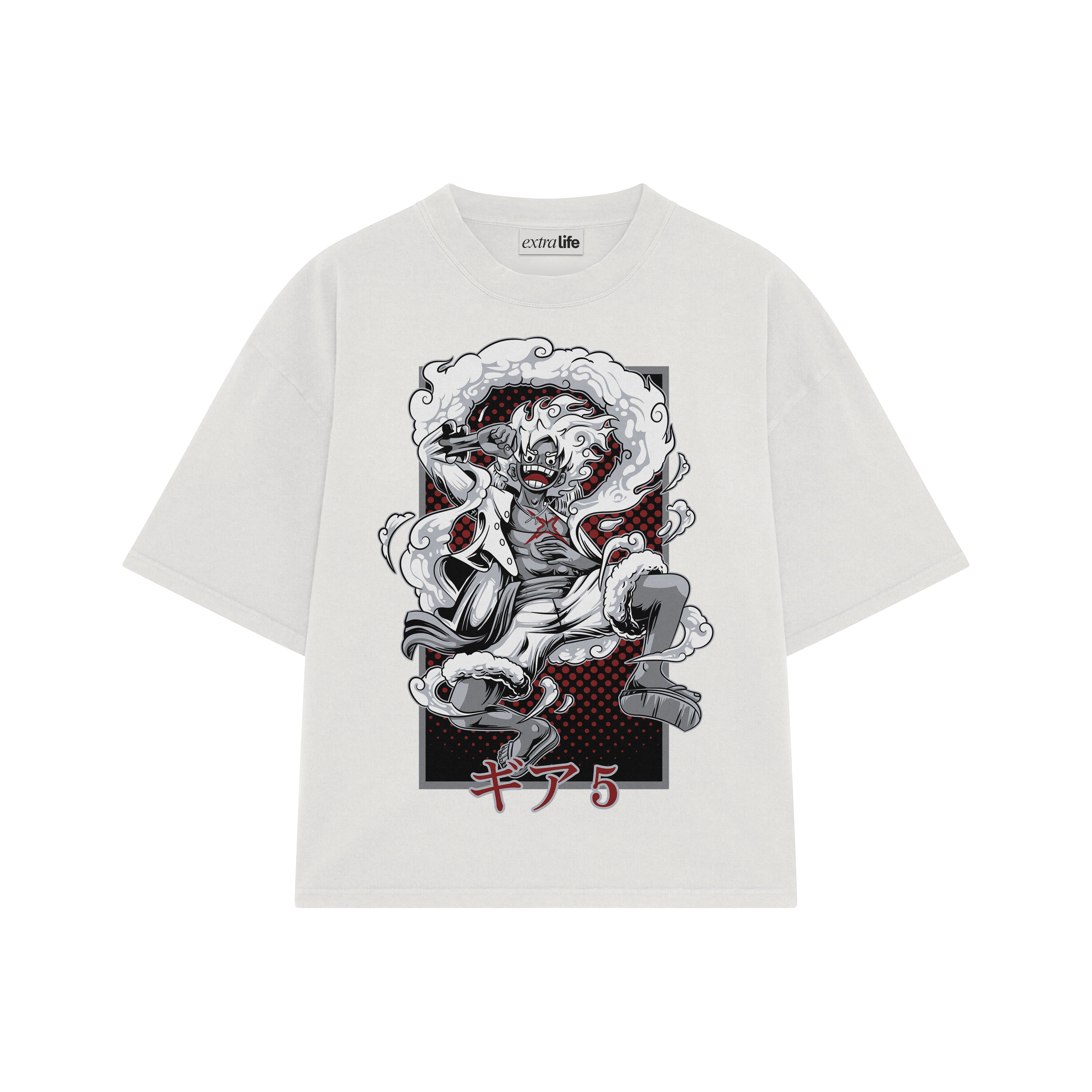 Playera streetwear premium de anime y gaming ExtraLife MX, corte boxy oversized drop shoulder heavyweight en color Deep Black y Off-White, moda urbana mexicana de culto.