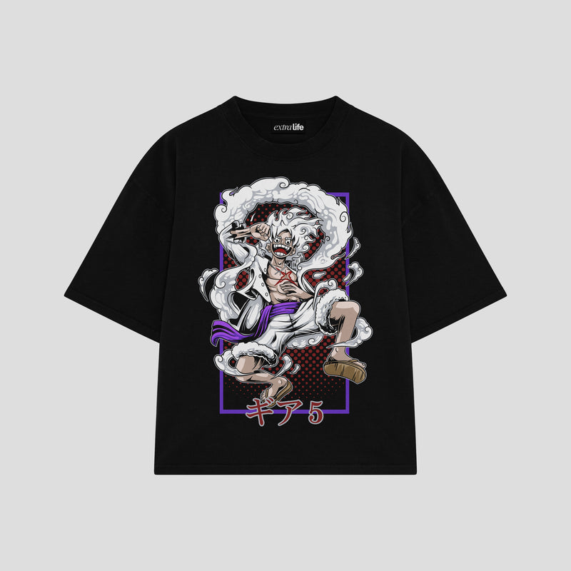 Playera streetwear premium de anime y gaming ExtraLife MX, corte boxy oversized drop shoulder heavyweight en color Deep Black y Off-White, moda urbana mexicana de culto.