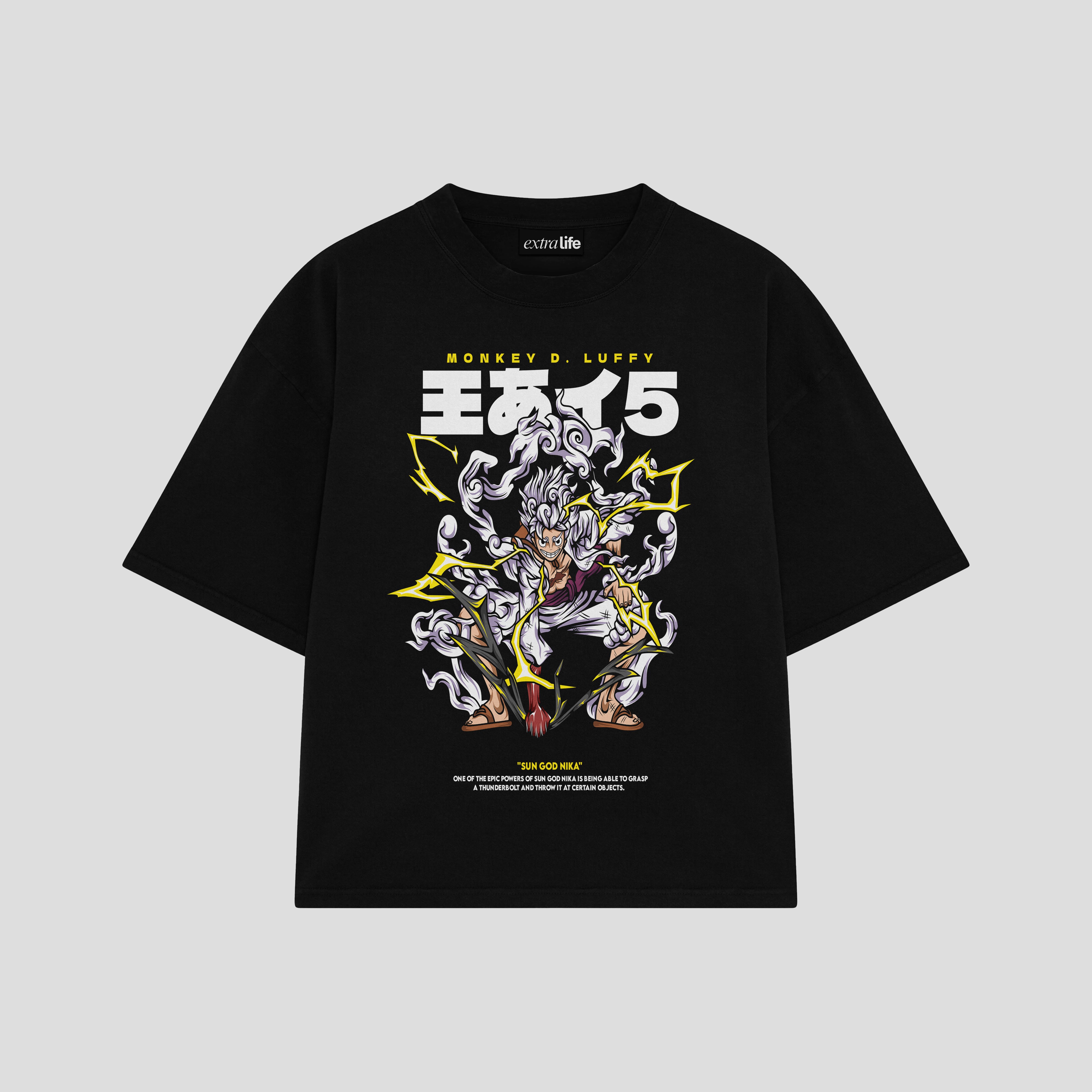 Playera streetwear premium de anime y gaming ExtraLife MX, corte boxy oversized drop shoulder heavyweight en color Deep Black y Off-White, moda urbana mexicana de culto.