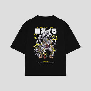 Playera streetwear premium de anime y gaming ExtraLife MX, corte boxy oversized drop shoulder heavyweight en color Deep Black y Off-White, moda urbana mexicana de culto.