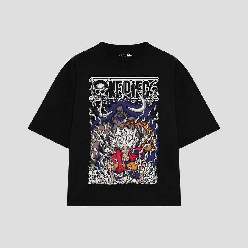 Playera streetwear premium de anime y gaming ExtraLife MX, corte boxy oversized drop shoulder heavyweight en color Deep Black y Off-White, moda urbana mexicana de culto.