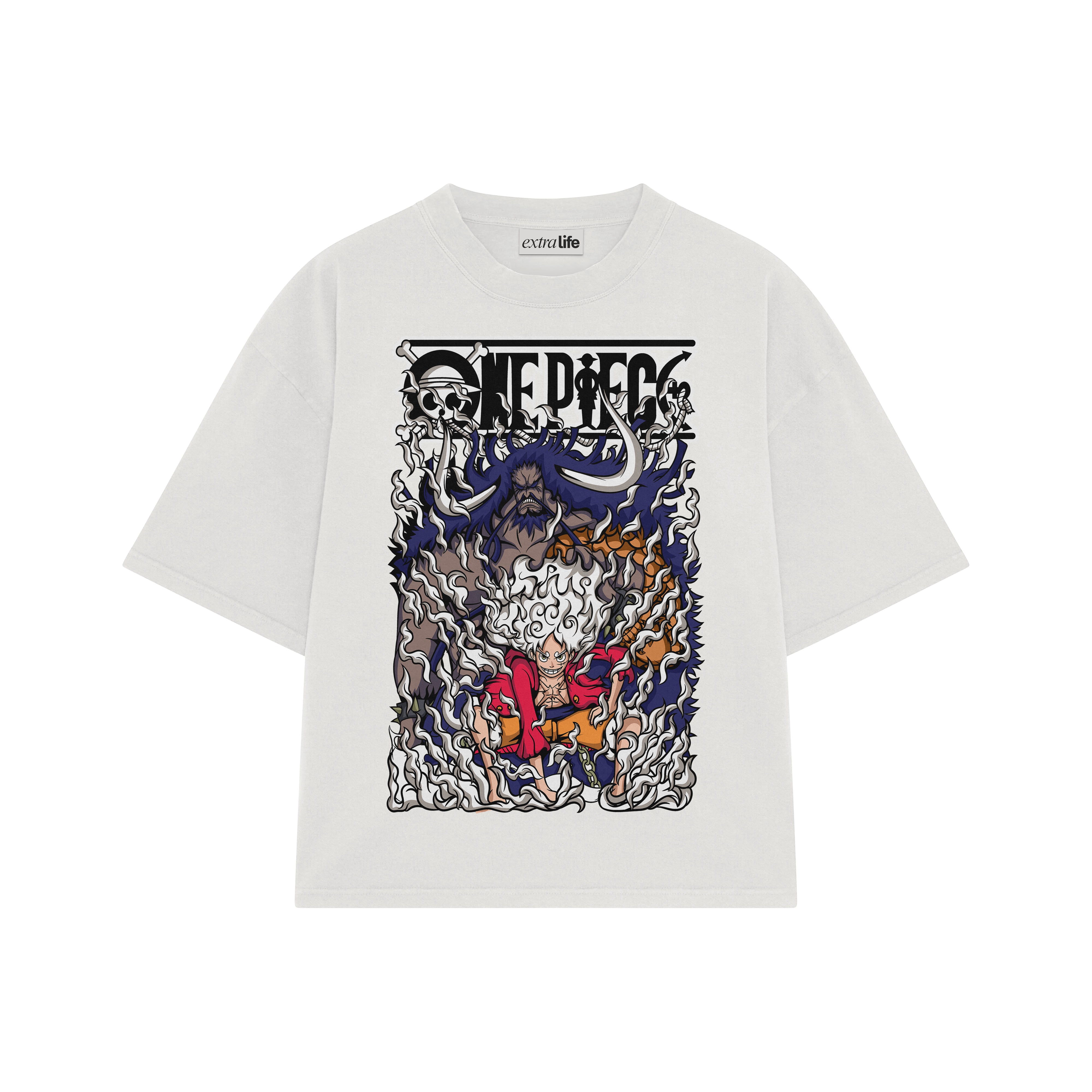 Playera streetwear premium de anime y gaming ExtraLife MX, corte boxy oversized drop shoulder heavyweight en color Deep Black y Off-White, moda urbana mexicana de culto.