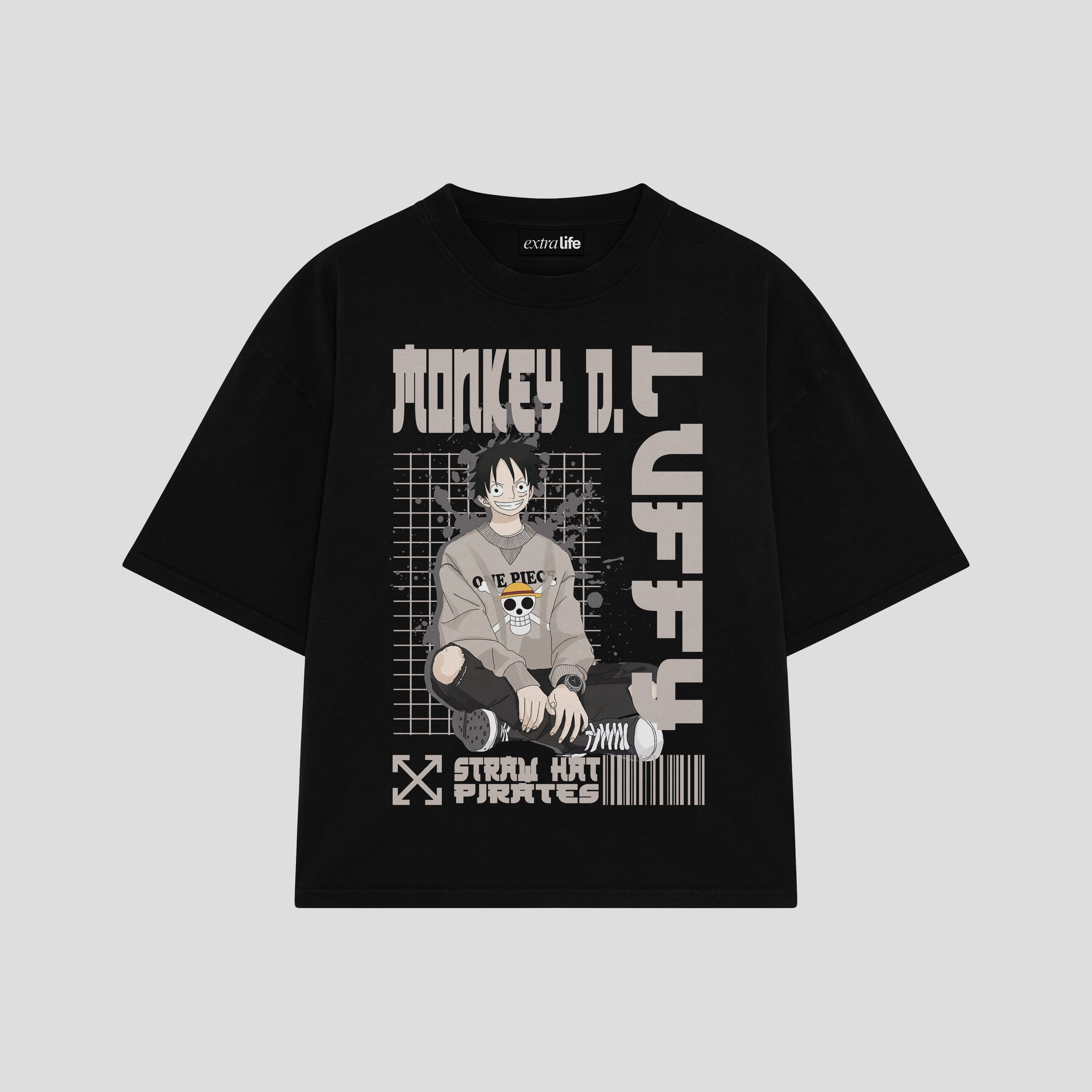 Playera streetwear premium de anime y gaming ExtraLife MX, corte boxy oversized drop shoulder heavyweight en color Deep Black y Off-White, moda urbana mexicana de culto.