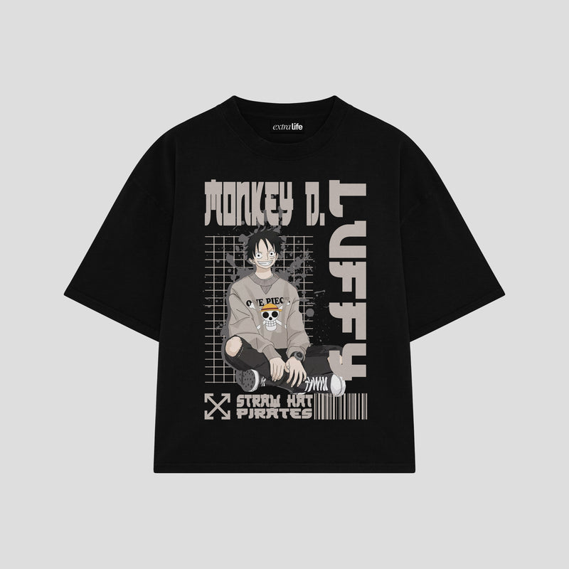 Playera streetwear premium de anime y gaming ExtraLife MX, corte boxy oversized drop shoulder heavyweight en color Deep Black y Off-White, moda urbana mexicana de culto.