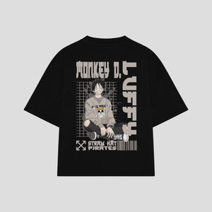 Playera streetwear premium de anime y gaming ExtraLife MX, corte boxy oversized drop shoulder heavyweight en color Deep Black y Off-White, moda urbana mexicana de culto.