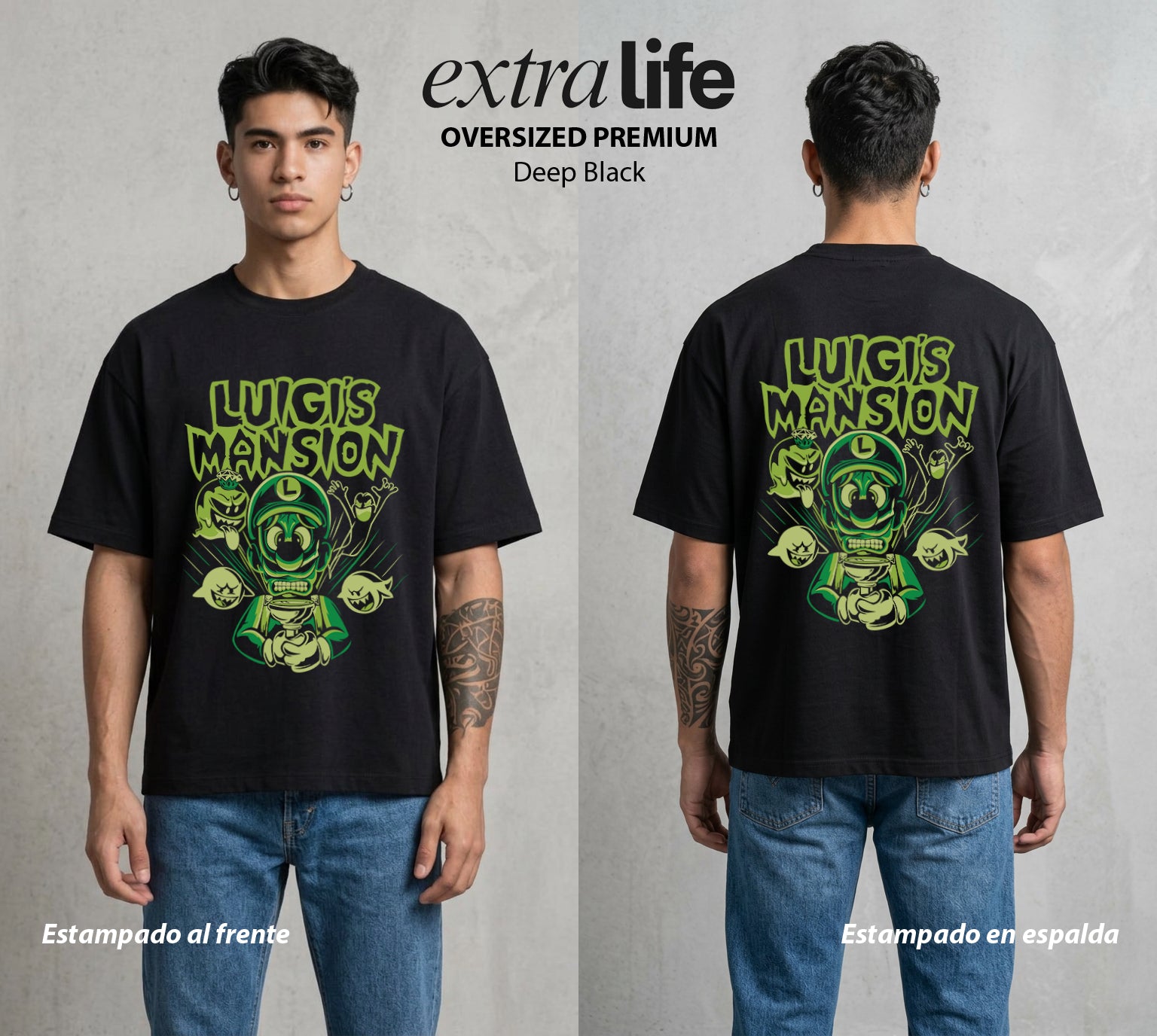 El Reino del Fontanero | El Hermano Verde #02183 - Playera Oversized Premium | Deep Black - Foto en modelo