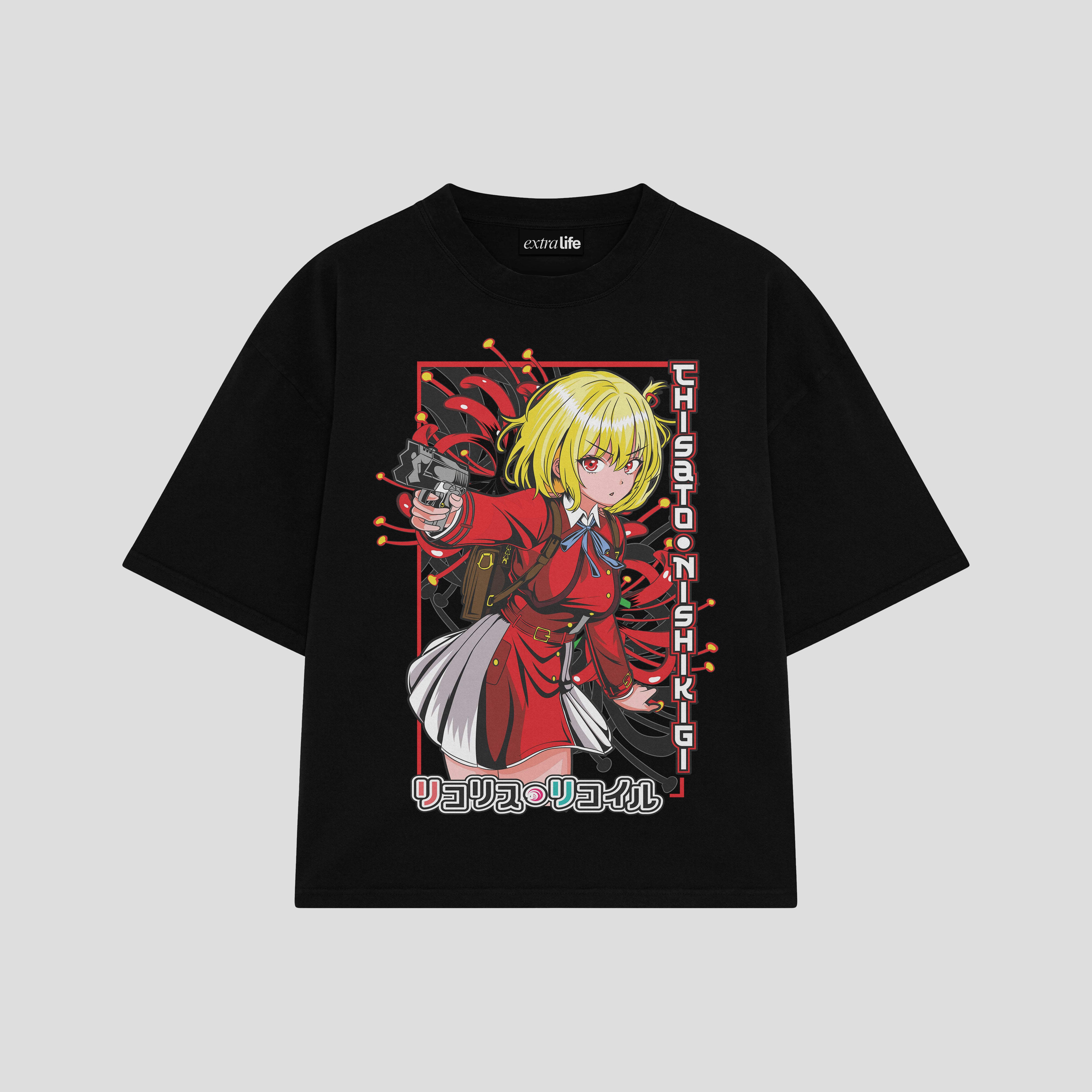 Playera streetwear premium de anime y gaming ExtraLife MX, corte boxy oversized drop shoulder heavyweight en color Deep Black y Off-White, moda urbana mexicana de culto.