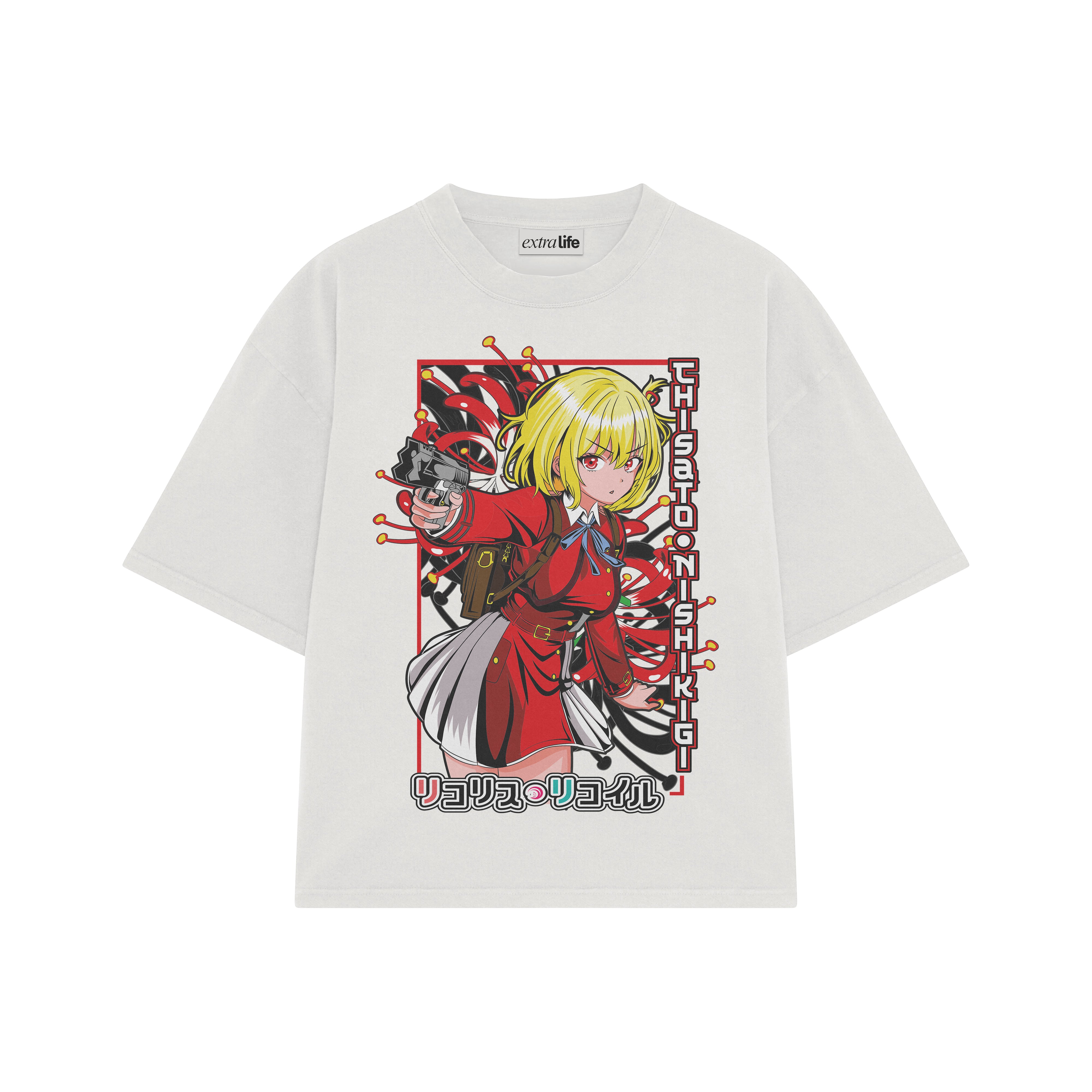 Playera streetwear premium de anime y gaming ExtraLife MX, corte boxy oversized drop shoulder heavyweight en color Deep Black y Off-White, moda urbana mexicana de culto.