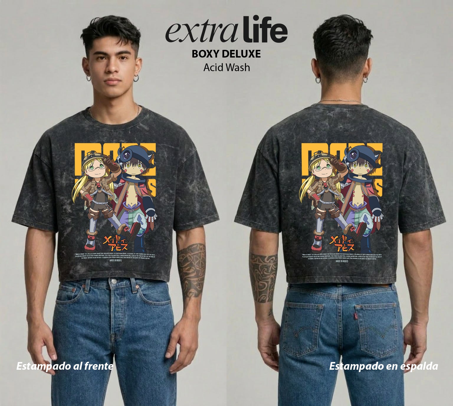 Playera streetwear premium de anime y gaming ExtraLife MX, corte boxy deluxe mineral wash heavyweight en color Acid Wash, moda urbana mexicana de culto.