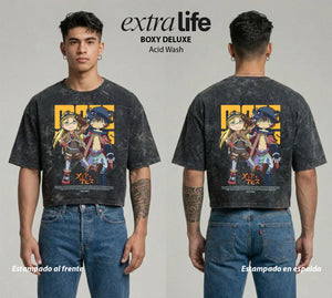 Playera streetwear premium de anime y gaming ExtraLife MX, corte boxy deluxe mineral wash heavyweight en color Acid Wash, moda urbana mexicana de culto.